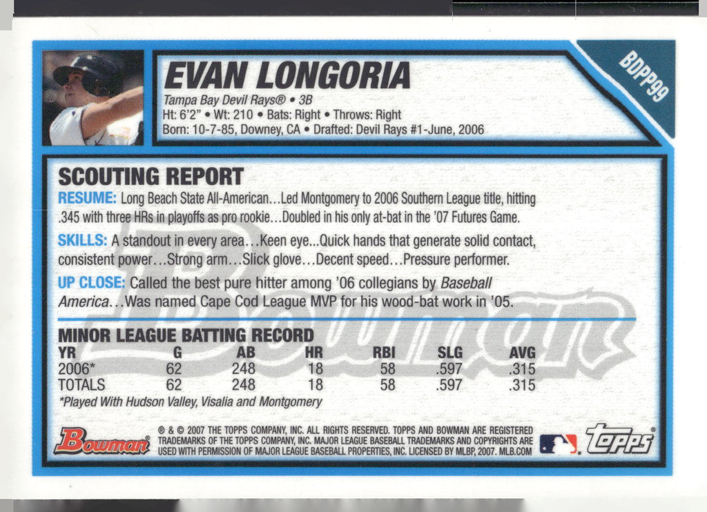 2007 Bowman Draft Picks & Prospects #BDPP99 Evan Longoria Prospects Gold
