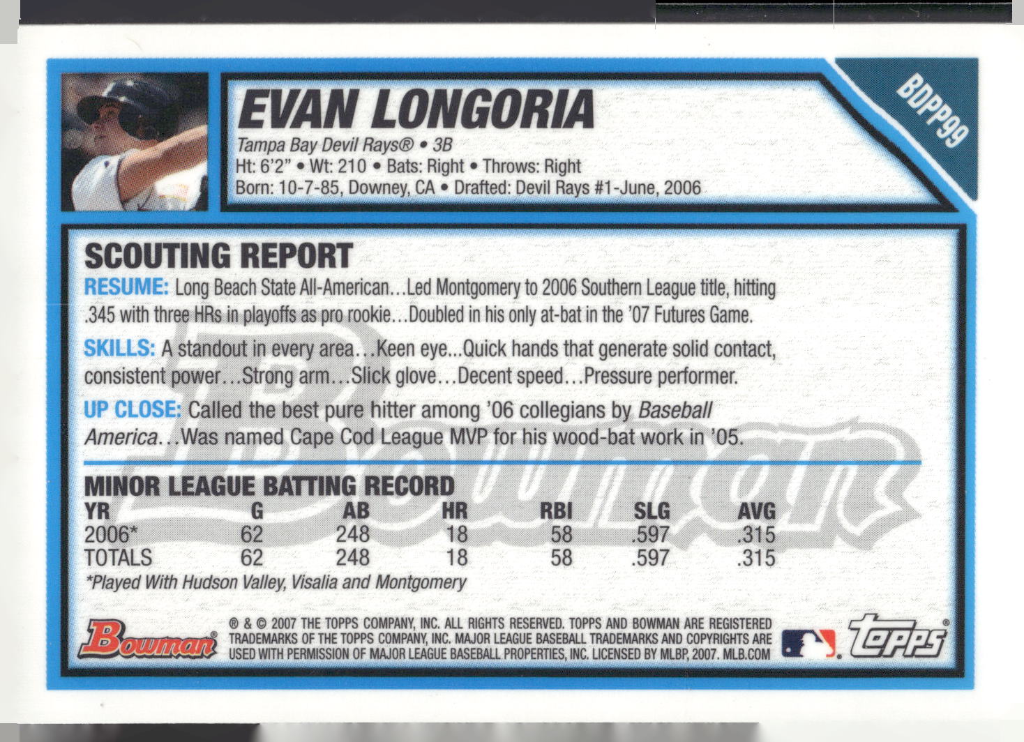 2007 Bowman Draft Picks & Prospects #BDPP99 Evan Longoria Prospects Gold