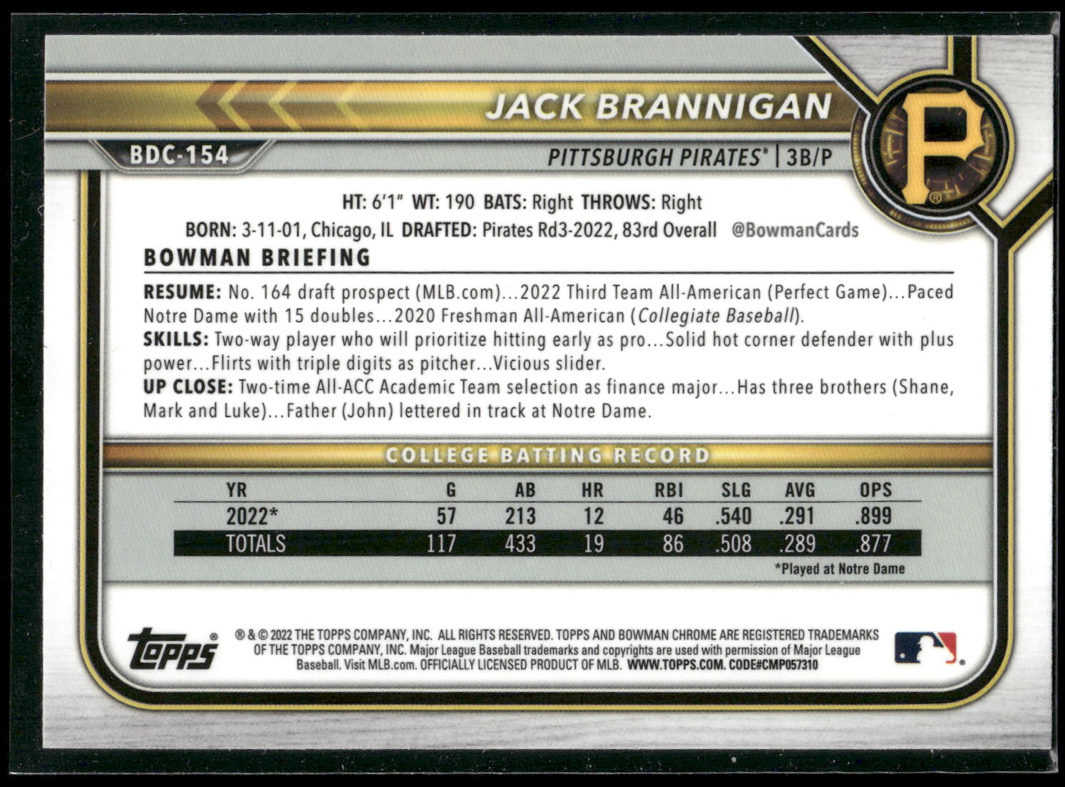2022 Bowman Draft #BDC-154 Jack Brannigan Chrome Sky Blue Refractor
