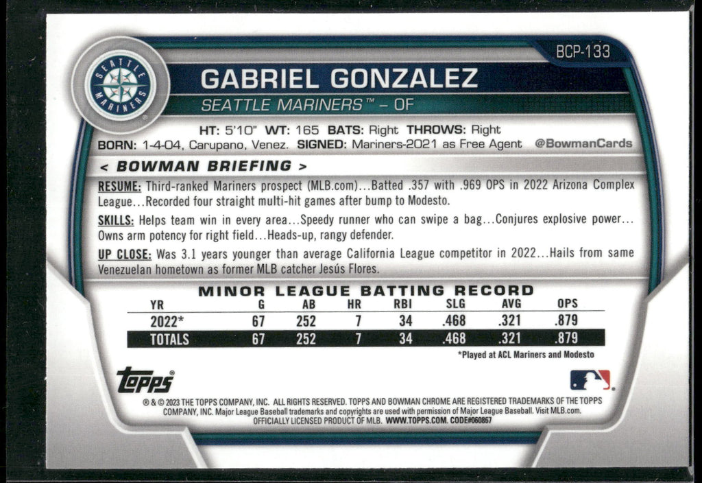 2023 Bowman #BCP-133 Gabriel Gonzalez Chrome Prospects Mojo Refractors