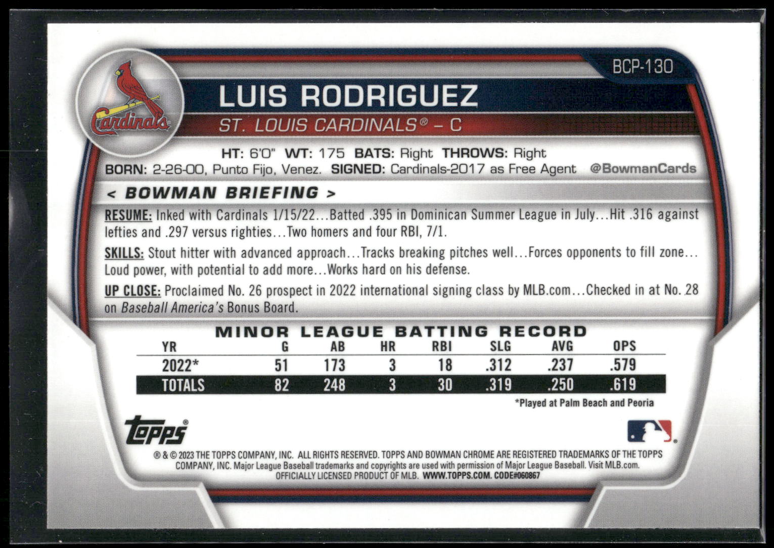 2023 Bowman #BCP-130 Luis Rodriguez Chrome Prospects Mojo Refractors