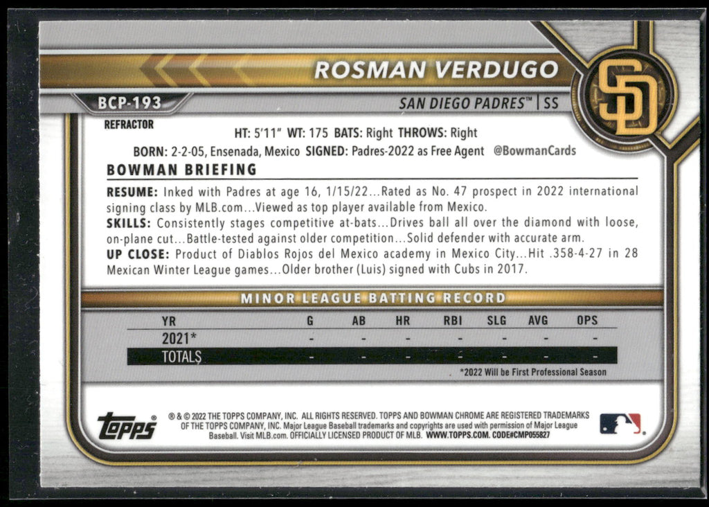 2022 Bowman Chrome #BCP-193 Rosman Verdugo Prospects Shimmer Refractor