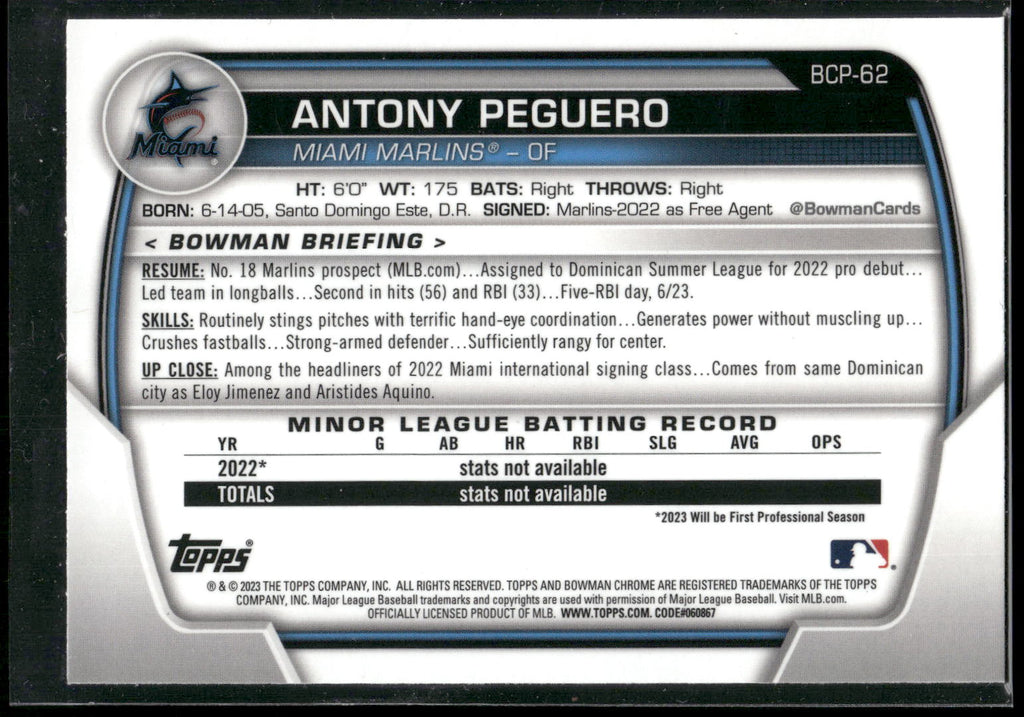 2023 Bowman #BCP-62 Antony Peguero Chrome Prospects Mojo Refractors