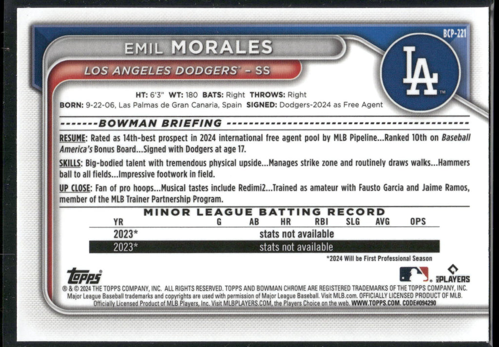 2024 Bowman Chrome #BCP-221 Emil Morales Prospects Mojo Refractors