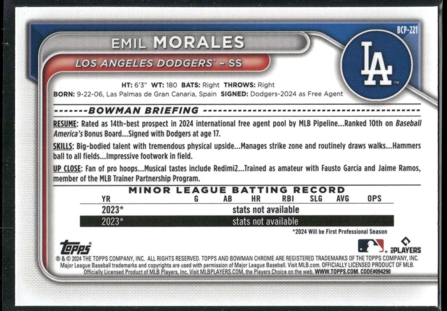 2024 Bowman Chrome #BCP-221 Emil Morales Prospects Mojo Refractors