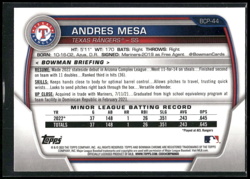 2023 Bowman #BCP-44 Andres Mesa Chrome Prospects Atomic Refractors