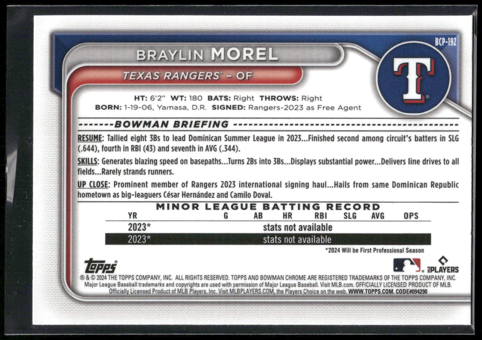 2024 Bowman Chrome #BCP-192 Braylin Morel Prospects Mojo Refractors