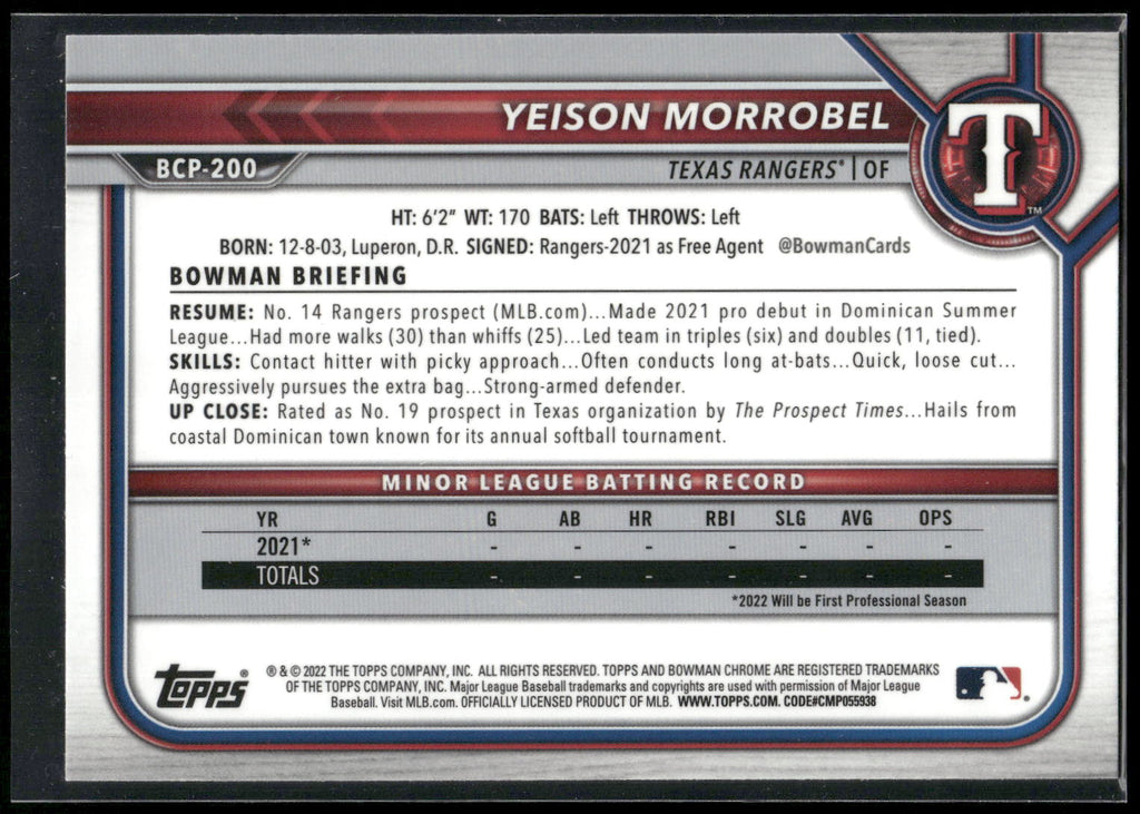 2022 Bowman Chrome #BCP-200 Yeison Morrobel Prospects Mojo Refractor