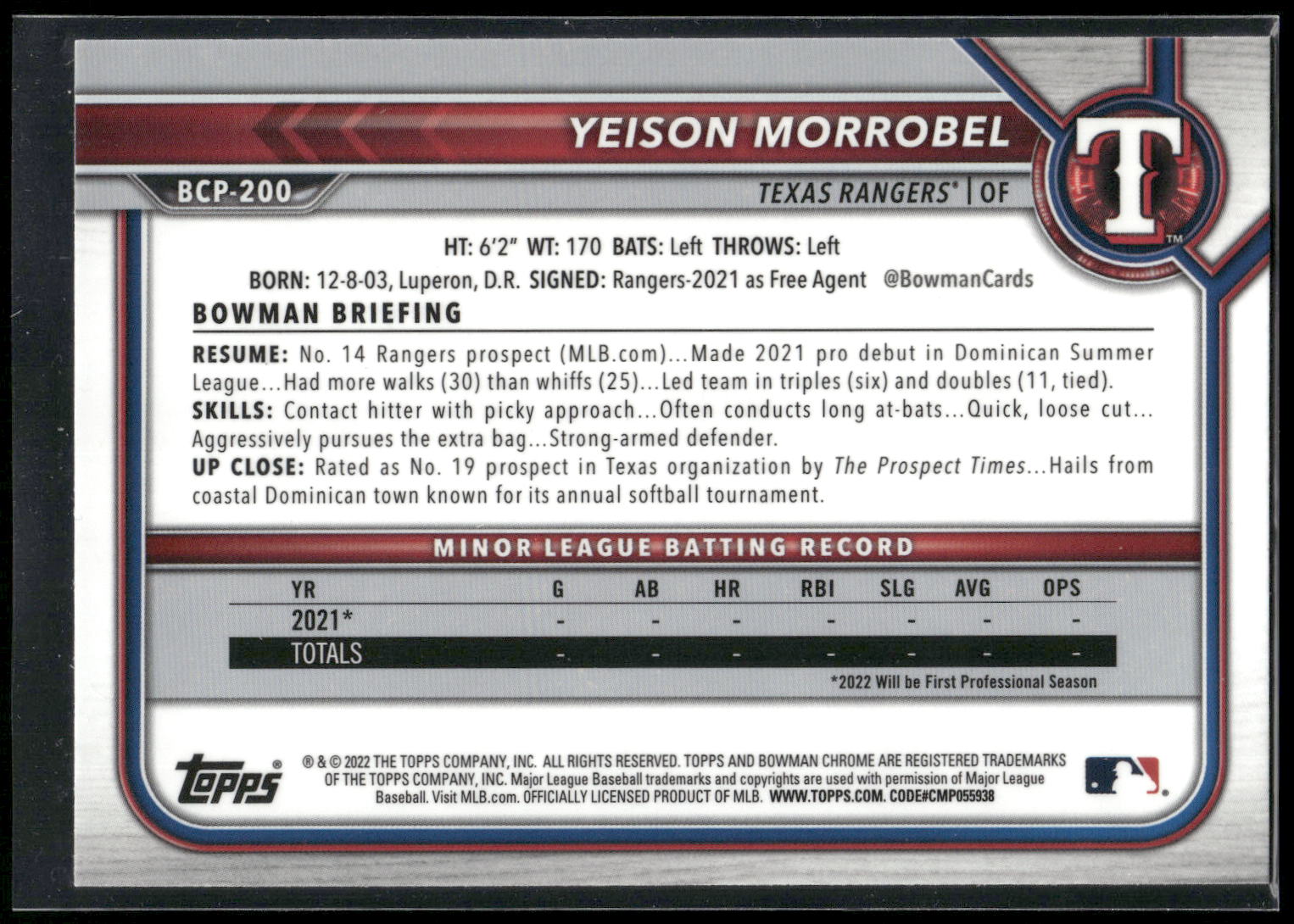 2022 Bowman Chrome #BCP-200 Yeison Morrobel Prospects Mojo Refractor