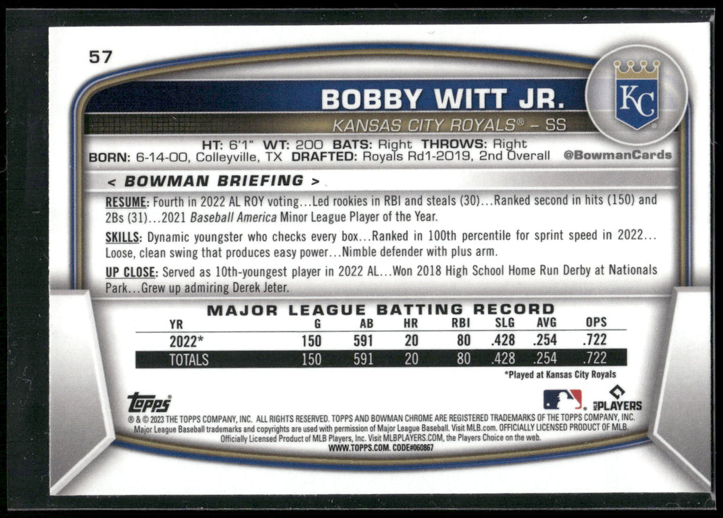 2023 Bowman #57 Bobby Witt Jr. Mojo Refractors