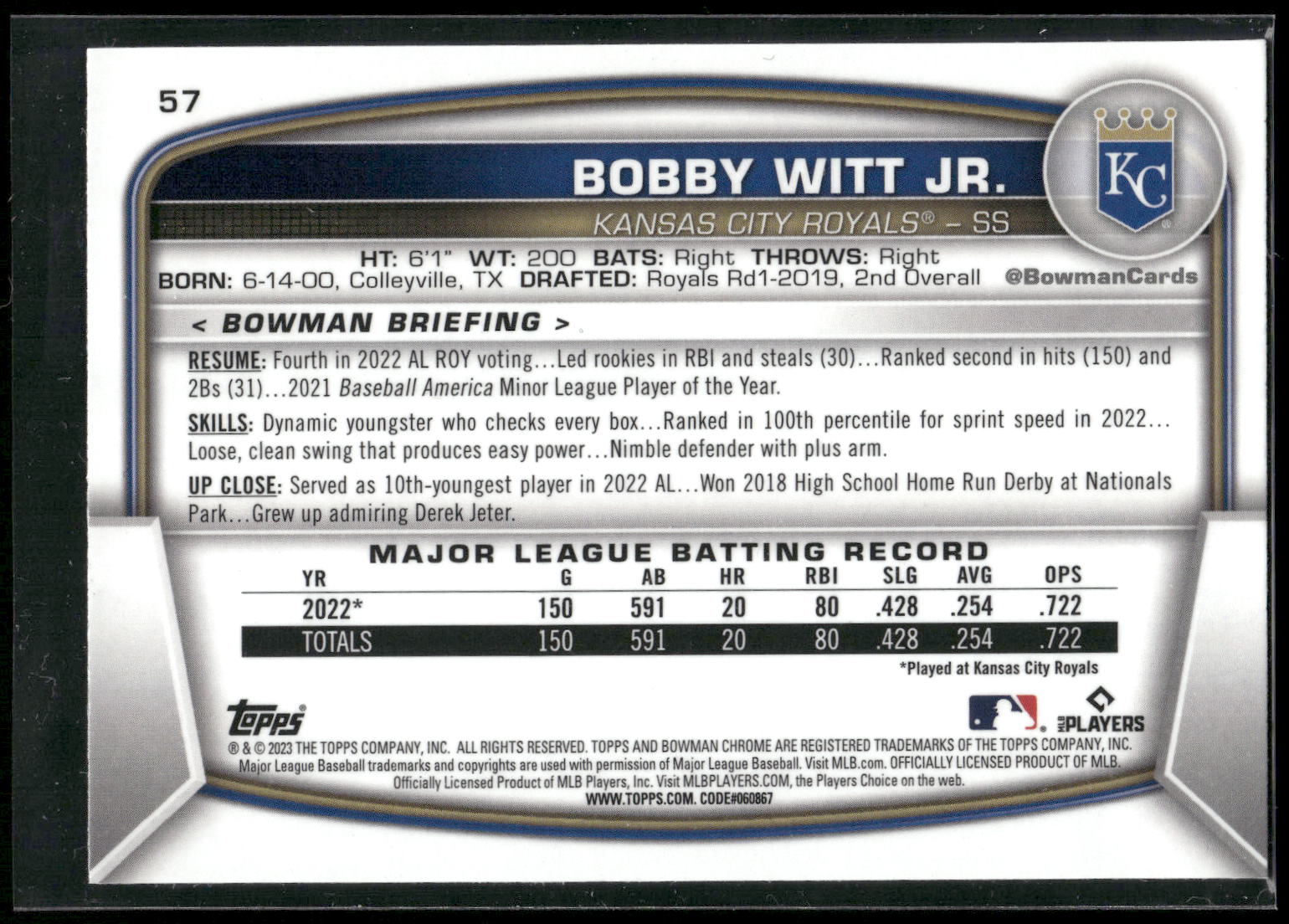 2023 Bowman #57 Bobby Witt Jr. Mojo Refractors