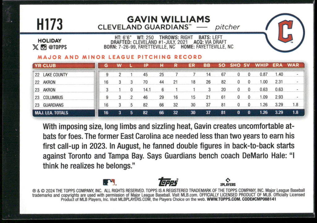 2024 Topps Holiday #H173 Gavin Williams Plaid