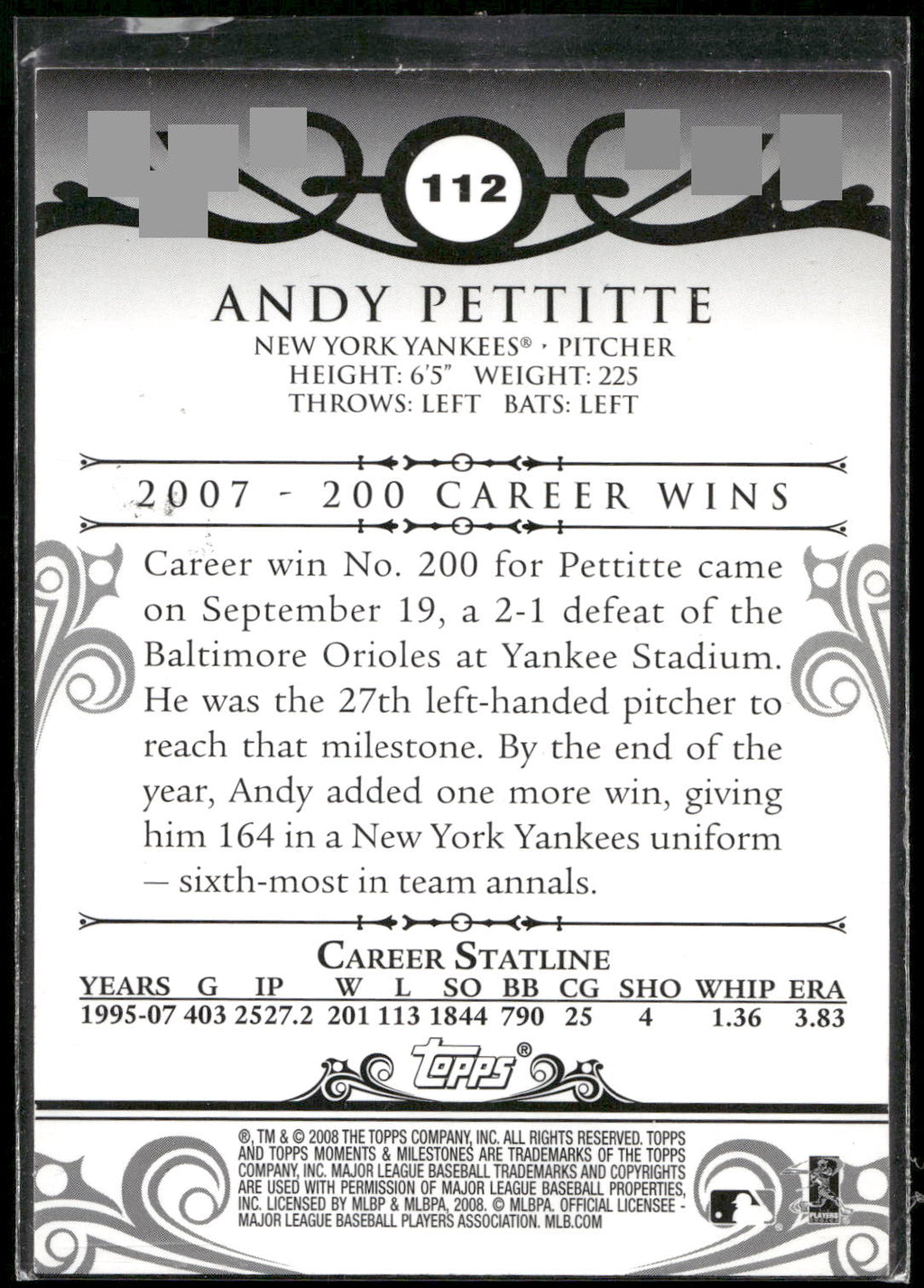 2008 Topps Moments & Milestones #112-11 Andy Pettitte #/150