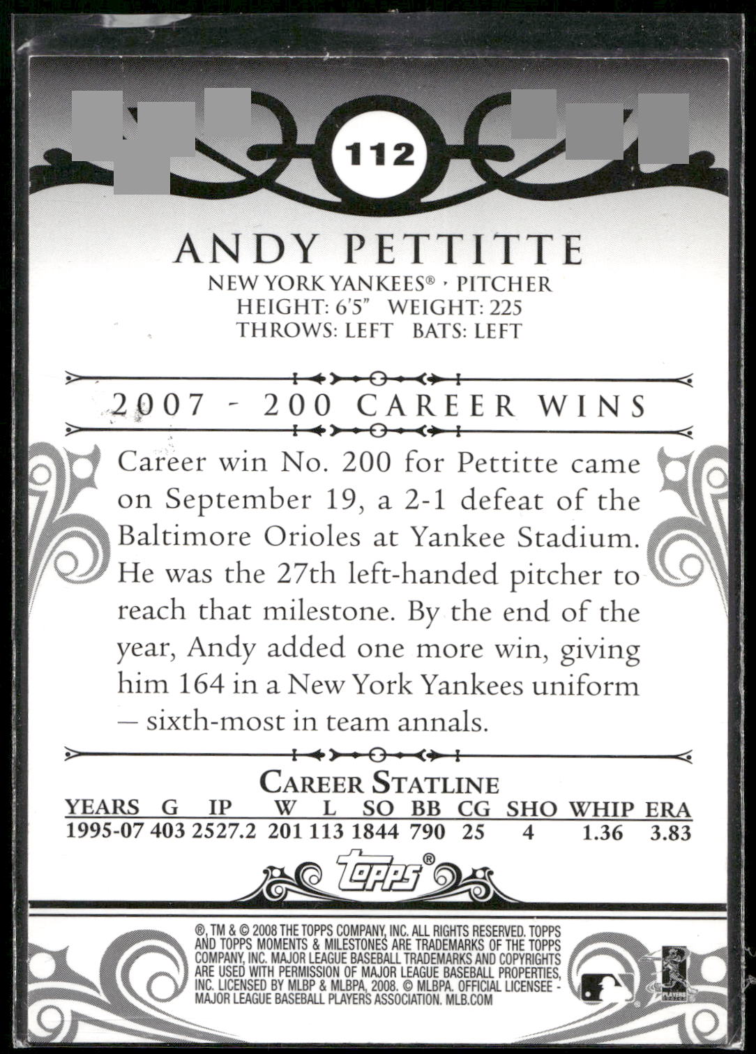 2008 Topps Moments & Milestones #112-11 Andy Pettitte #/150