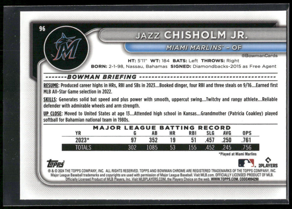 2024 Bowman Chrome #96 Jazz Chisholm Jr. Mojo Refractors