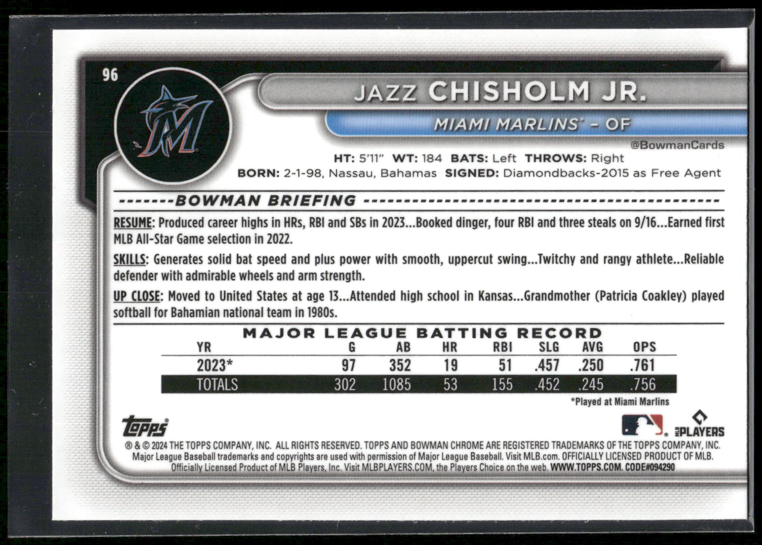 2024 Bowman Chrome #96 Jazz Chisholm Jr. Mojo Refractors