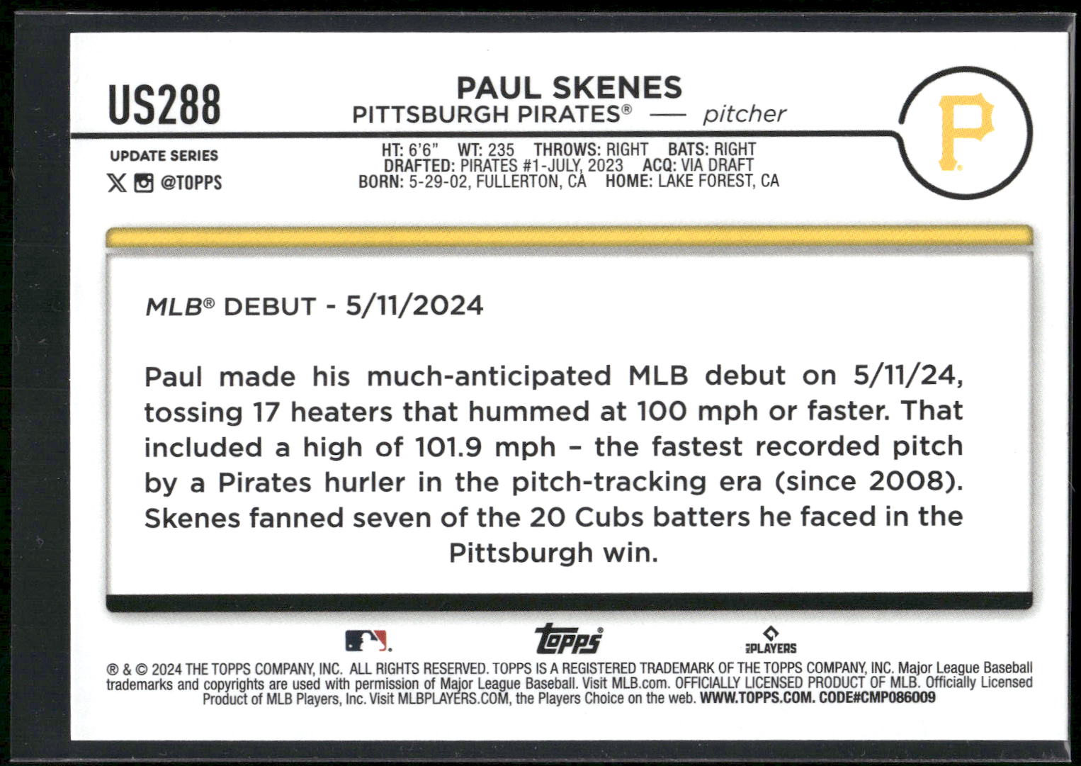 2024 Topps Update #US288 Paul Skenes