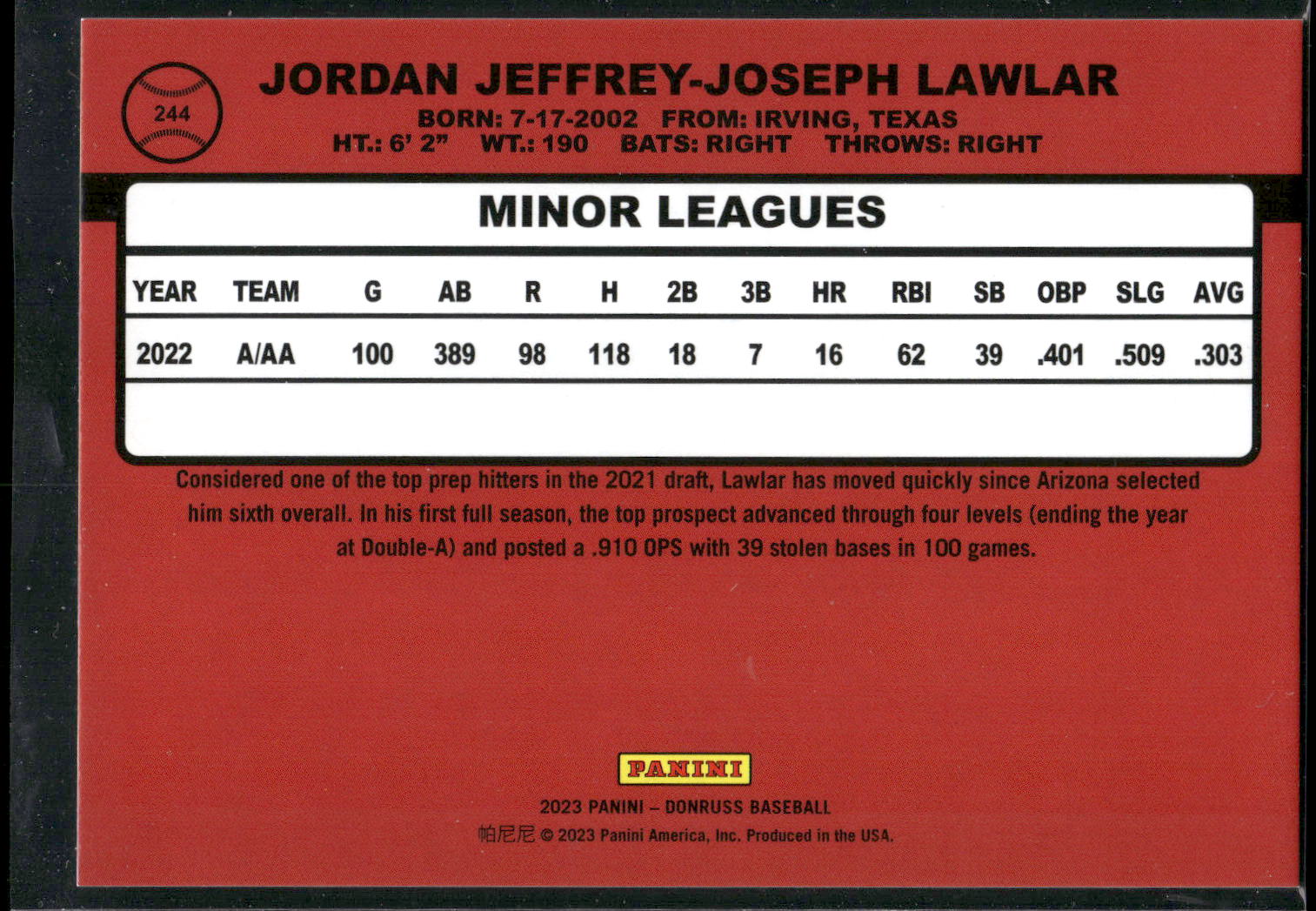 2023 Donruss #244 Jordan Lawlar Season Stat Line #/400