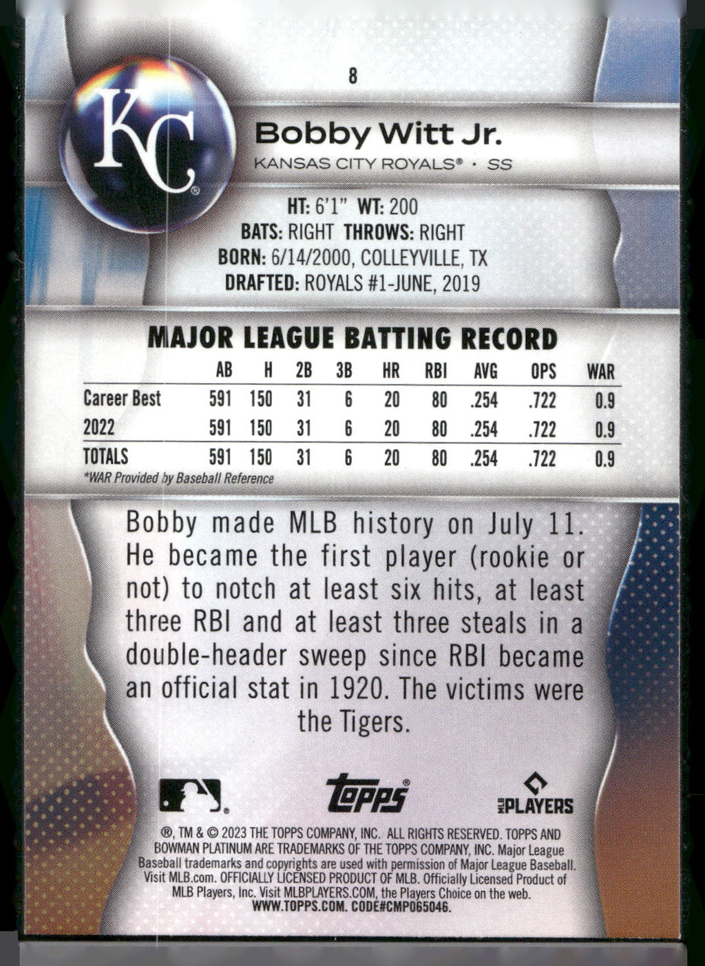2023 Bowman Platinum #8 Bobby Witt Jr.
