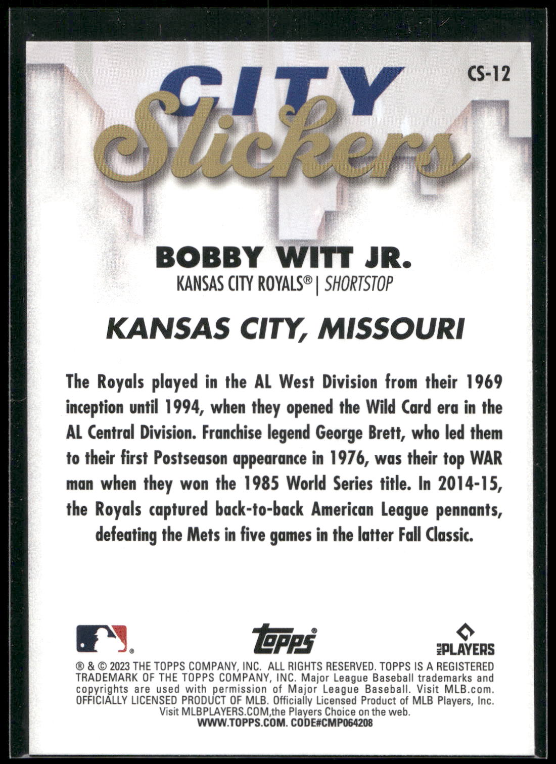 2023 Topps Big League #CS-12 Bobby Witt Jr. City Slickers