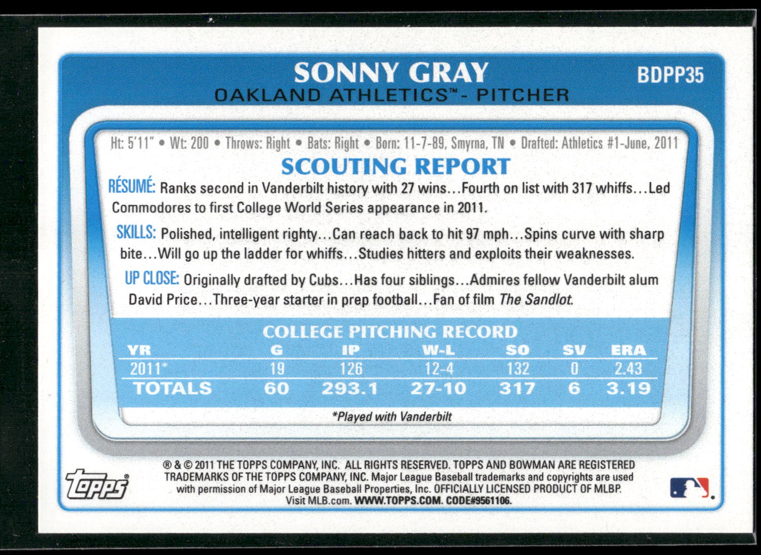 2011 Bowman Draft Picks & Prospects #BDPP35 Sonny Gray Prospects
