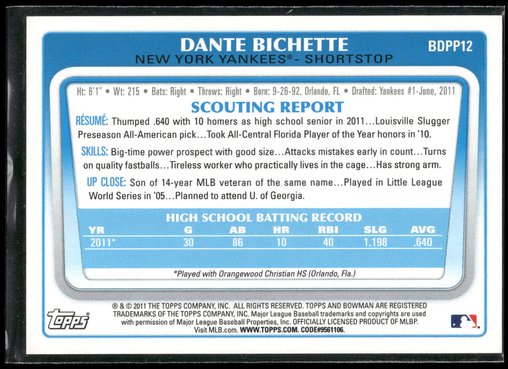 2011 Bowman Draft Picks & Prospects #BDPP12 Dante Bichette Prospects