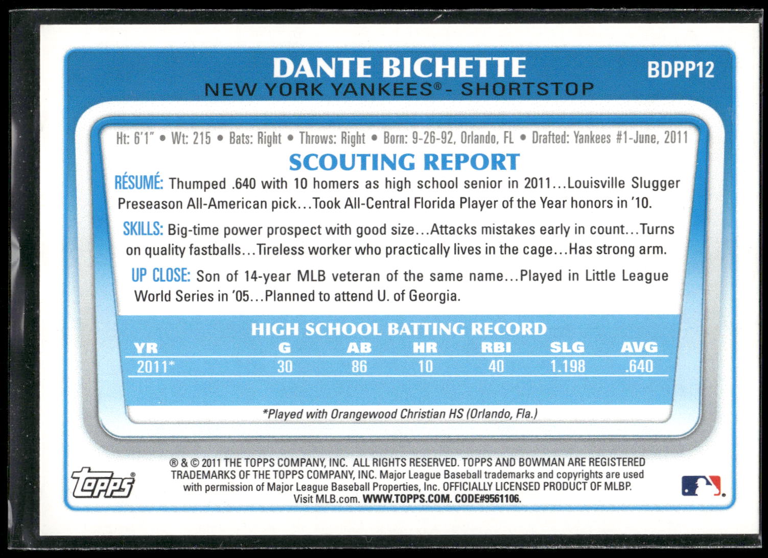 2011 Bowman Draft Picks & Prospects #BDPP12 Dante Bichette Prospects