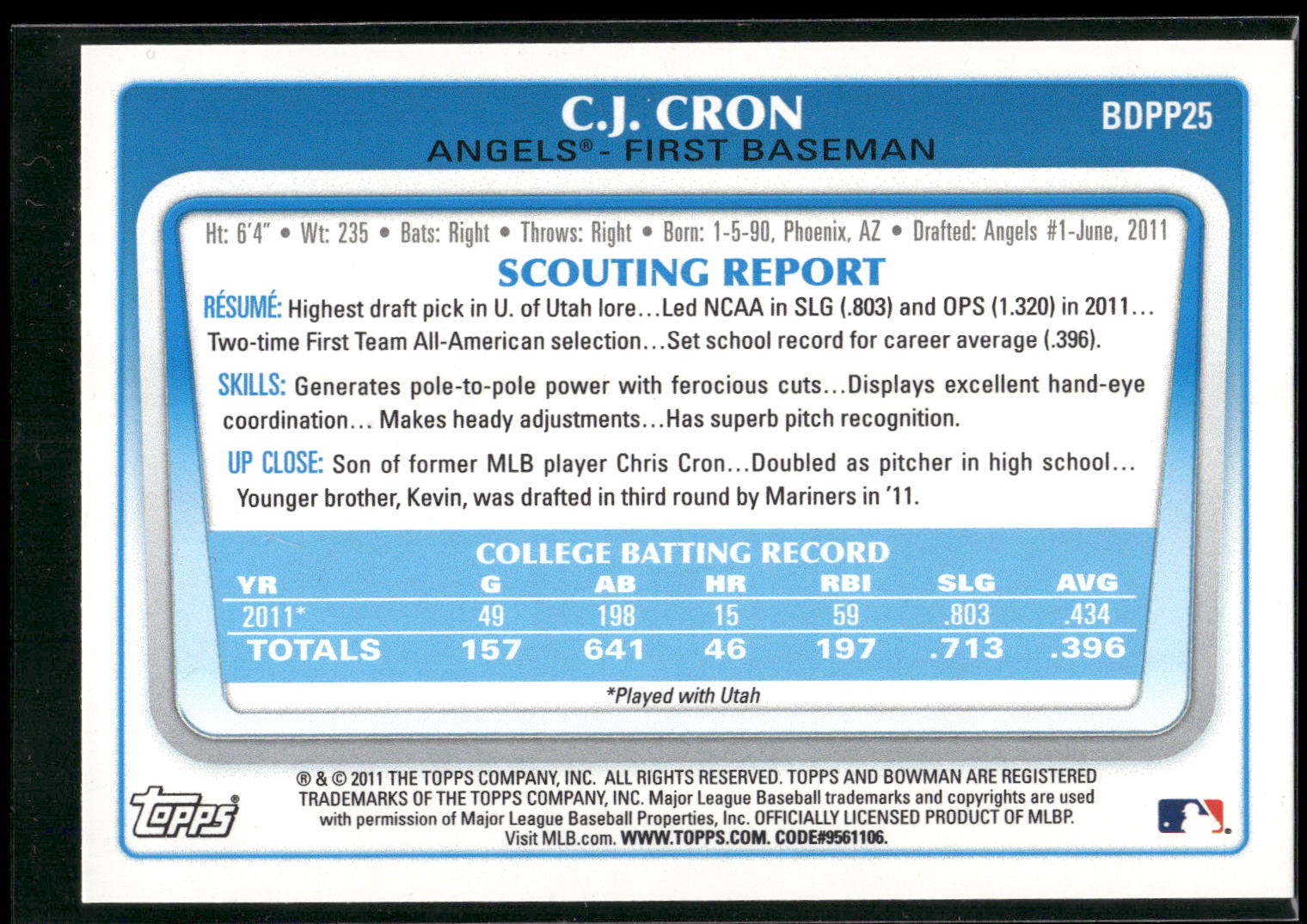 2011 Bowman Draft Picks & Prospects #BDPP25 C.J. Cron Prospects