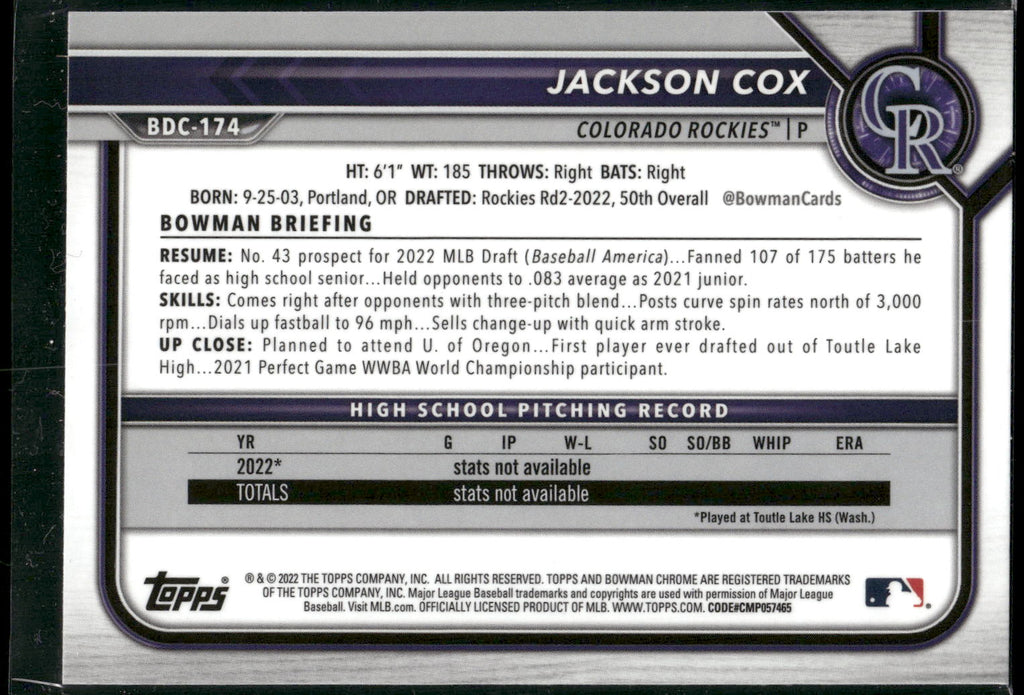 2022 Bowman Draft Sapphire Edition #BDC-174 Jackson Cox
