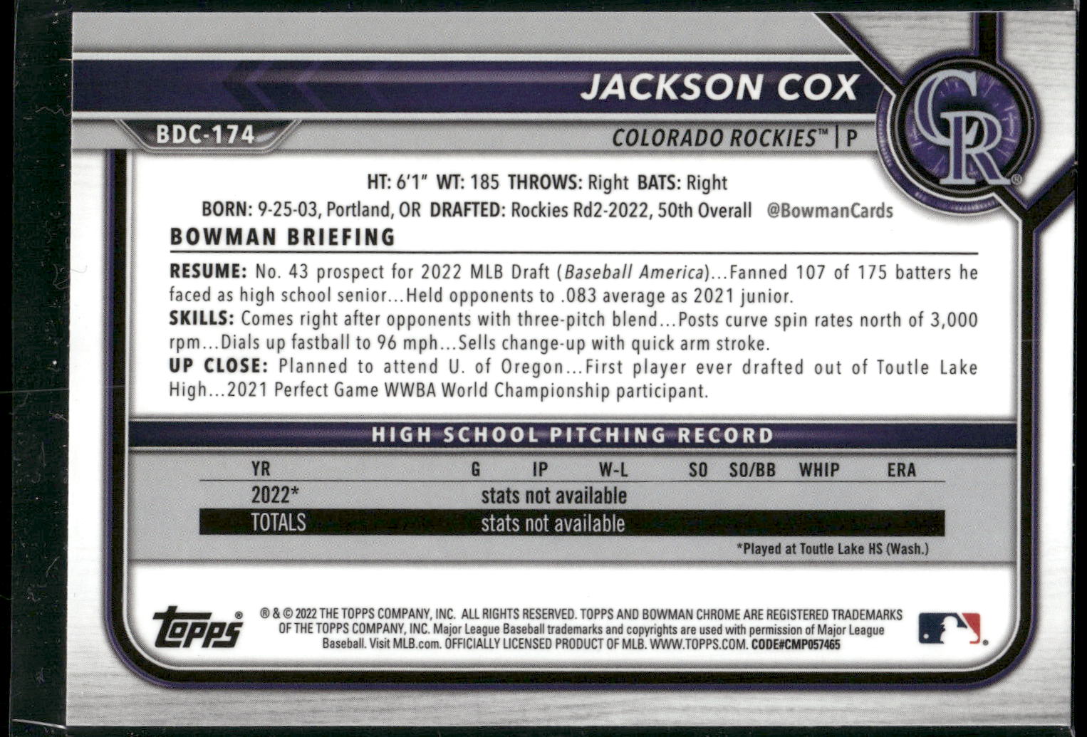 2022 Bowman Draft Sapphire Edition #BDC-174 Jackson Cox