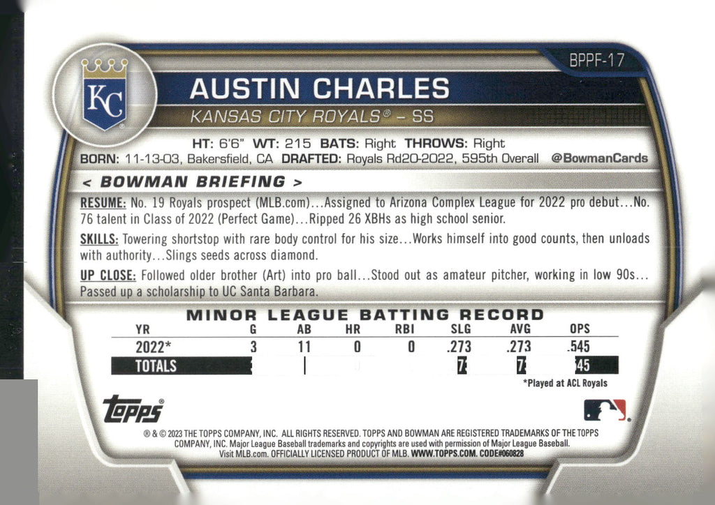2023 Bowman #BP-17 Austin Charles Prospects Sky Blue #/499