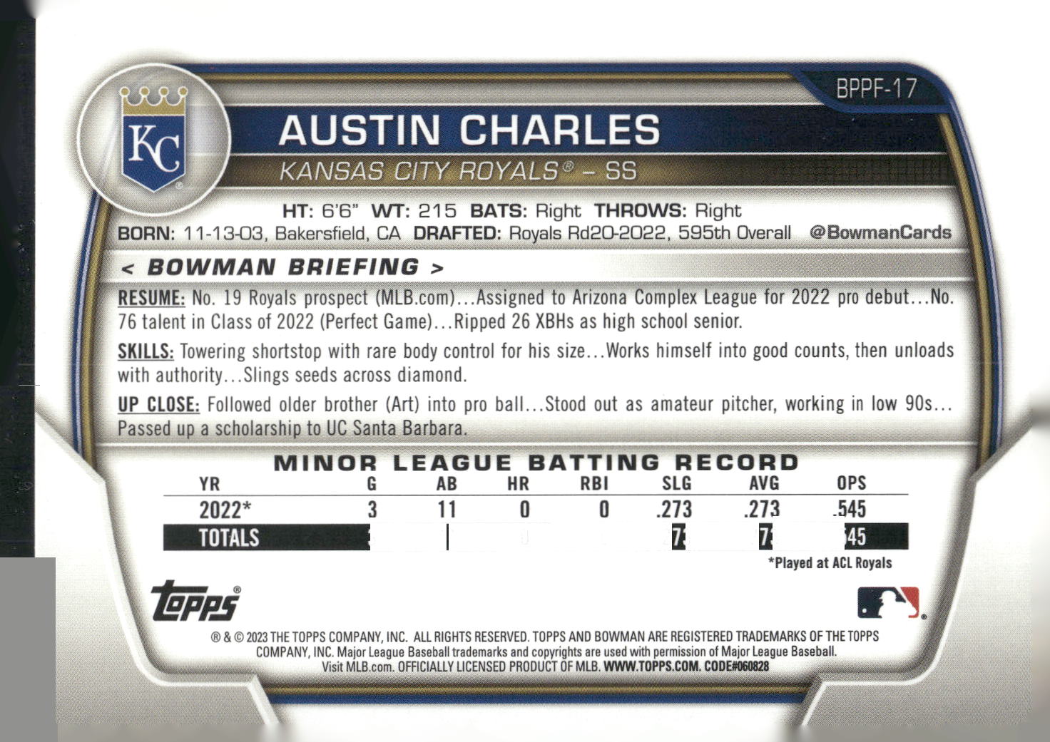 2023 Bowman #BP-17 Austin Charles Prospects Sky Blue #/499