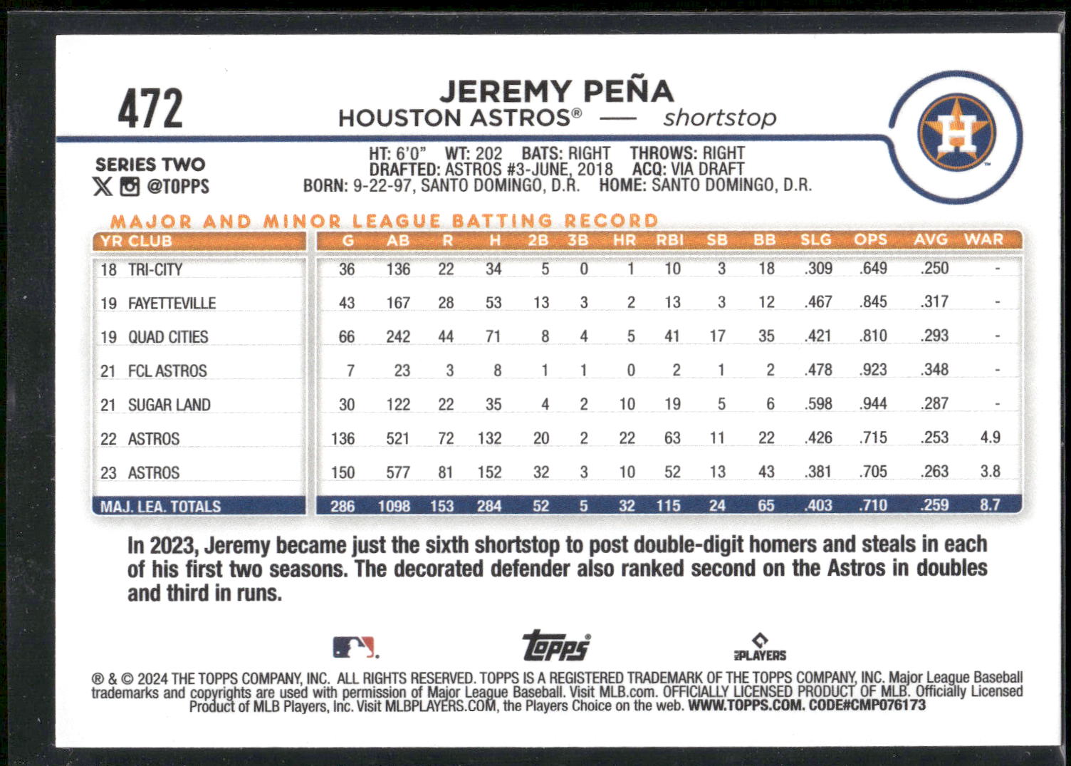 2024 Topps #472 Jeremy Peña Yellow