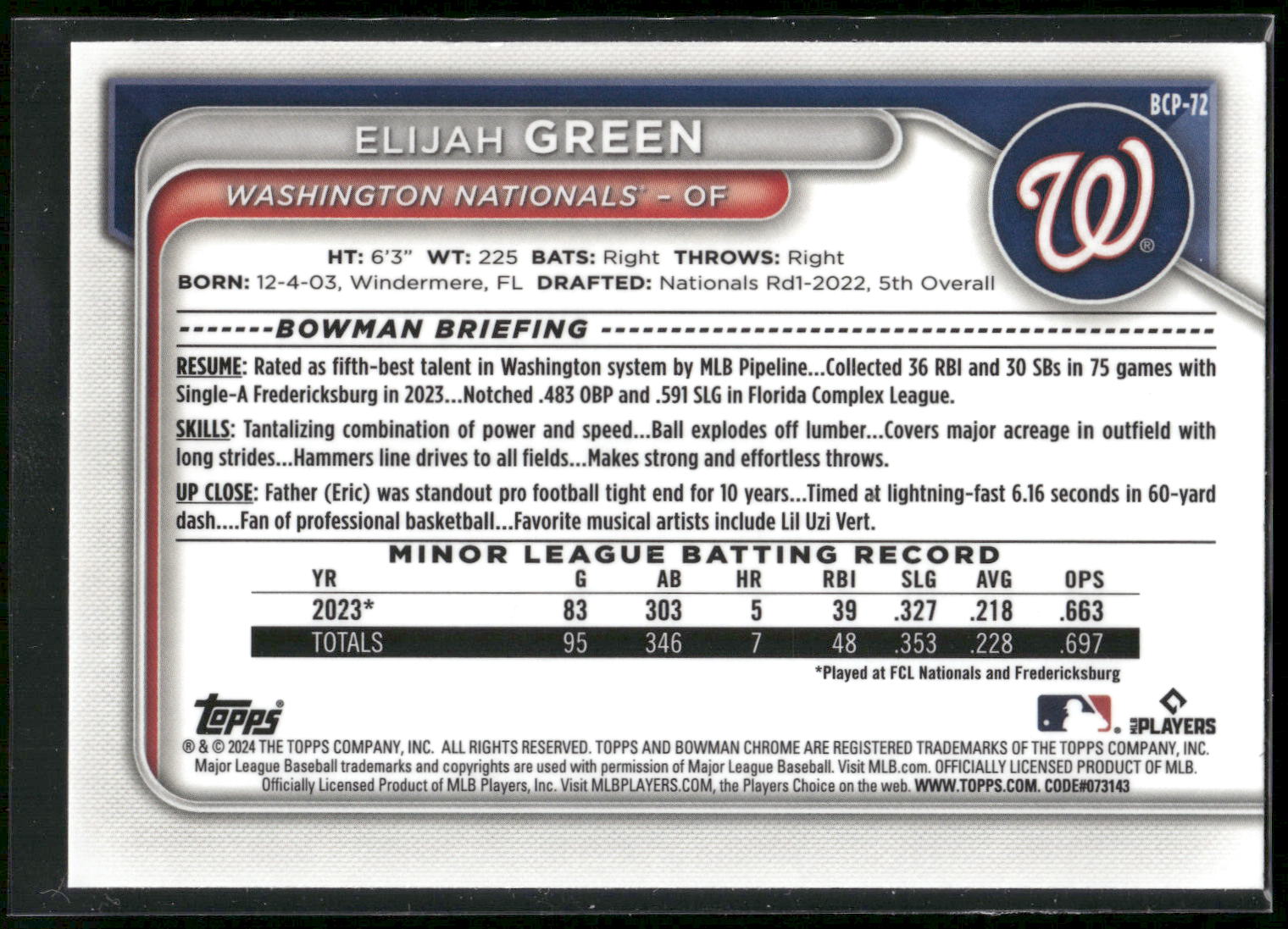 2024 Bowman #BP-72 Elijah Green Prospects Green Pattern #/99