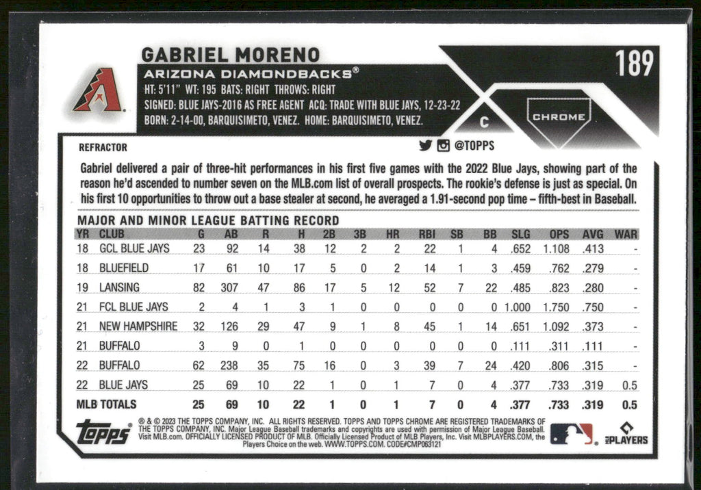 2023 Topps Chrome #189 Gabriel Moreno Refractors