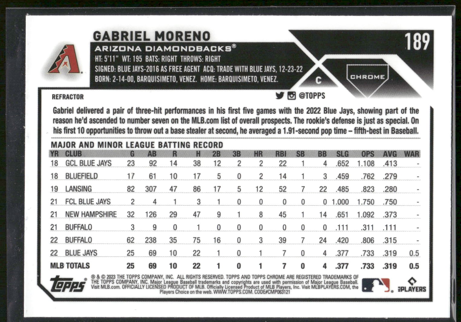 2023 Topps Chrome #189 Gabriel Moreno Refractors