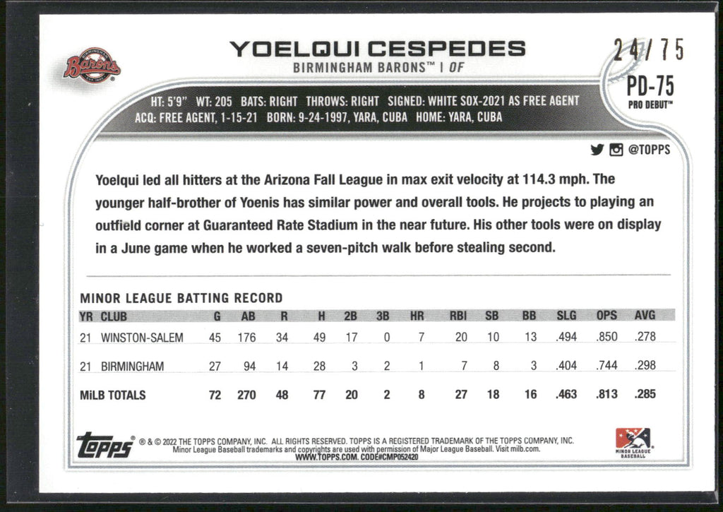 2022 Topps Pro Debut #PD-75 Yoelqui Cespedes Aqua #/75