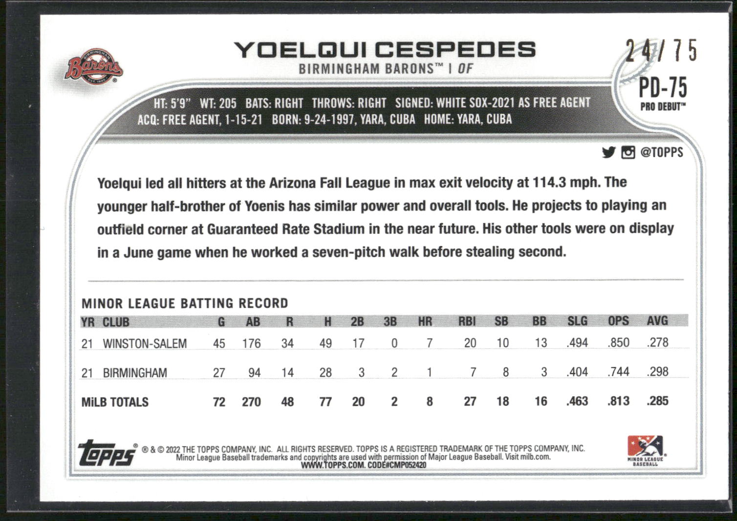 2022 Topps Pro Debut #PD-75 Yoelqui Cespedes Aqua #/75