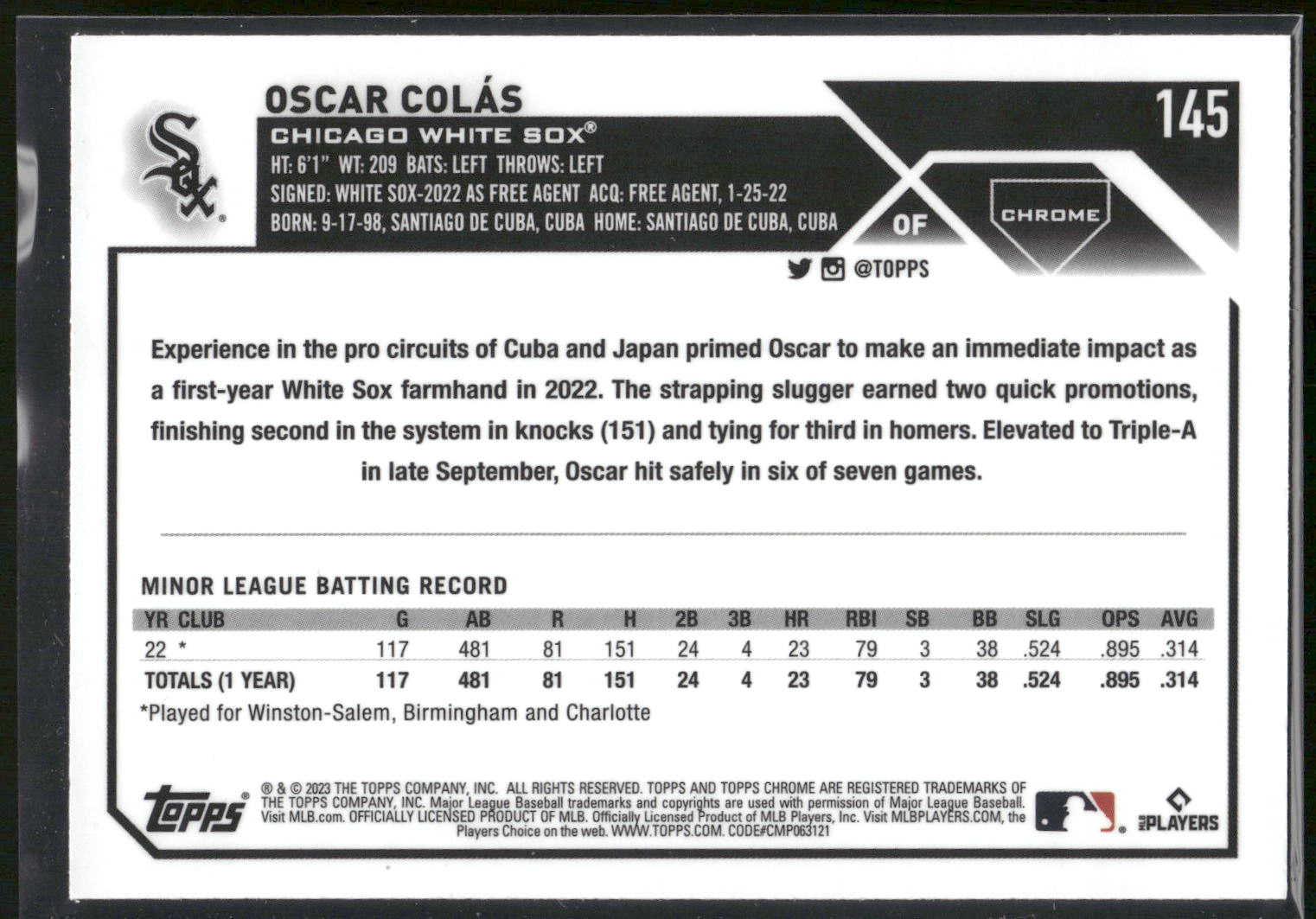 2023 Topps Chrome #145 Oscar Colás X-Fractors