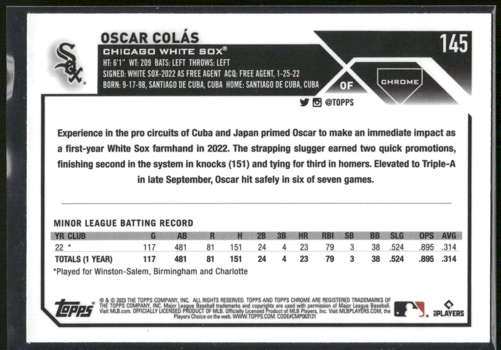 2023 Topps Chrome #145 Oscar Colás X-Fractors