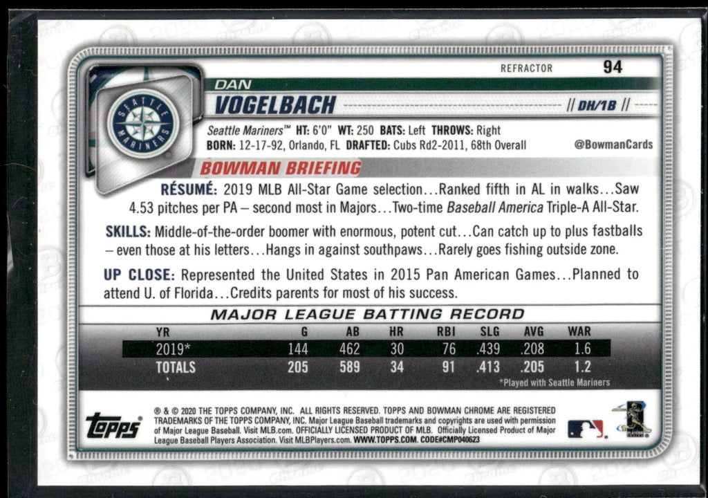 2020 Bowman Chrome #94 Dan Vogelbach Refractor #/499