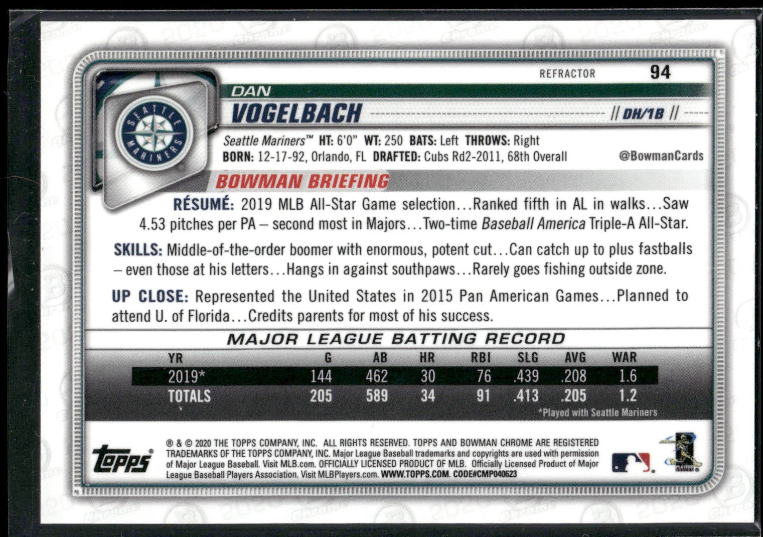 2020 Bowman Chrome #94 Dan Vogelbach Refractor #/499