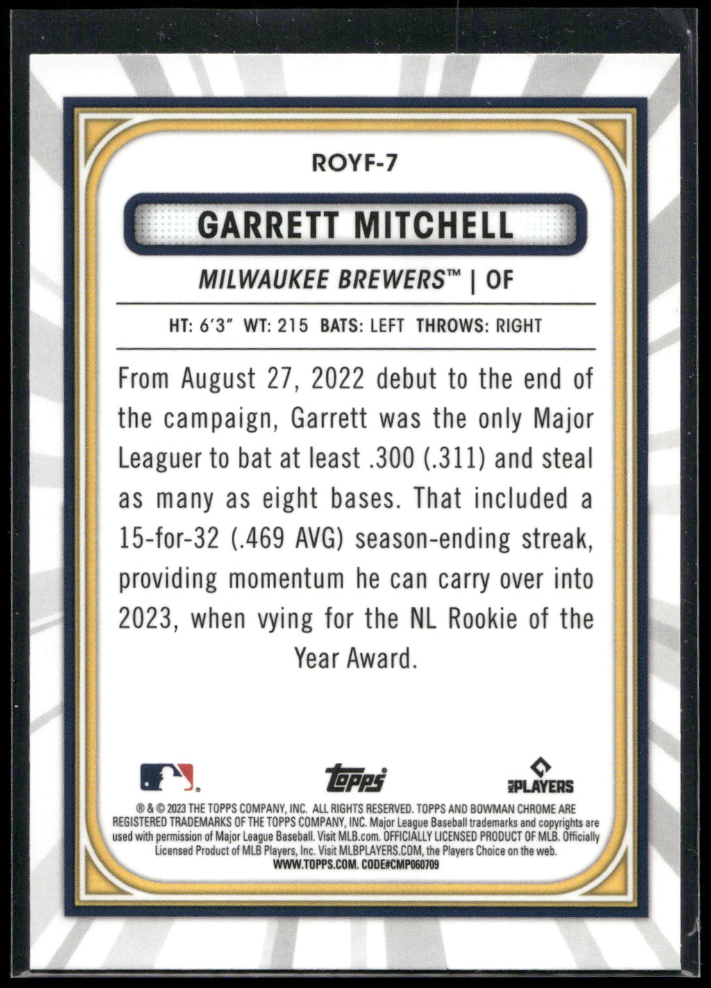 2023 Bowman #ROYF-7 Garrett Mitchell Rookie of the Year Favorites