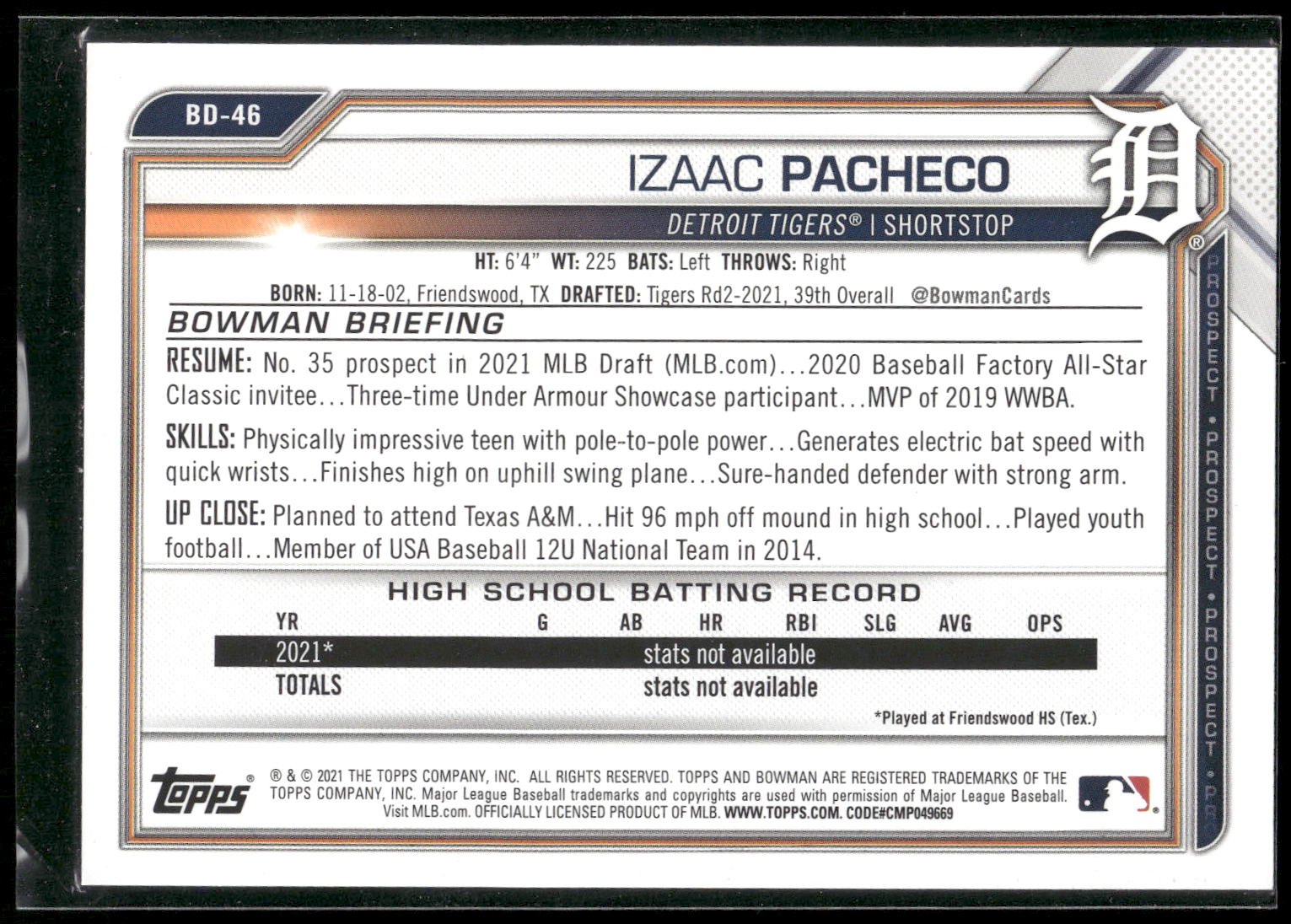 2021 Bowman Draft #BD-46 Izaac Pacheco Sky Blue #/499