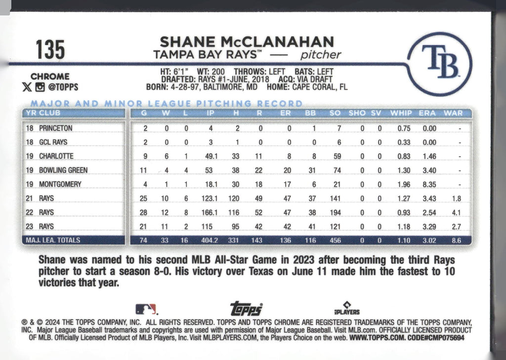 2024 Topps Chrome #135 Shane McClanahan X-Fractors