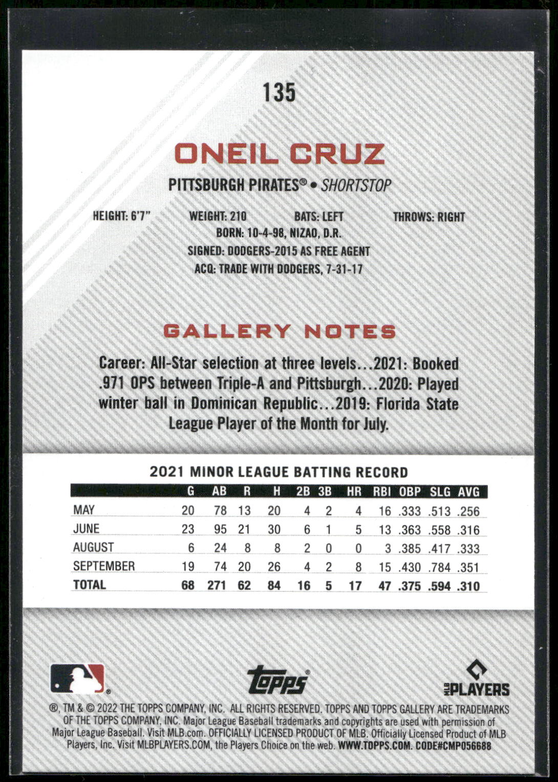 2022 Topps Gallery #135 Oneil Cruz