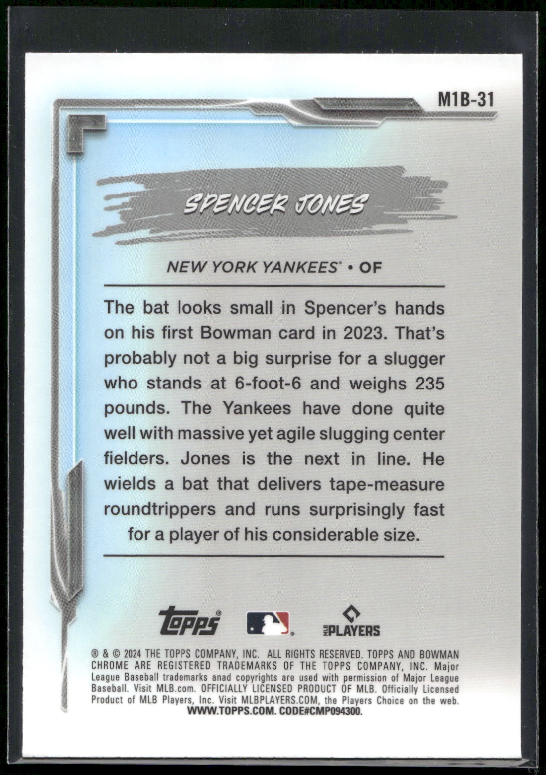 2024 Bowman Chrome #M1B-31 Spencer Jones My 1st Bowman Mojo Refractors