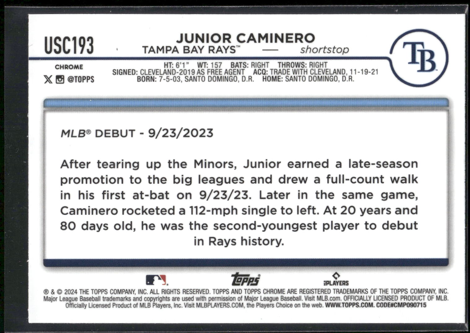 2024 Topps Chrome Update #USC193 Junior Caminero