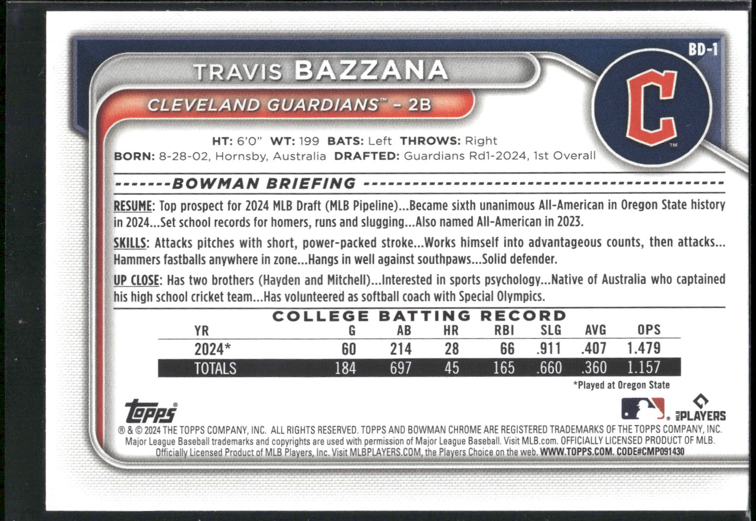 2024 Bowman Draft #BD-1 Travis Bazzana