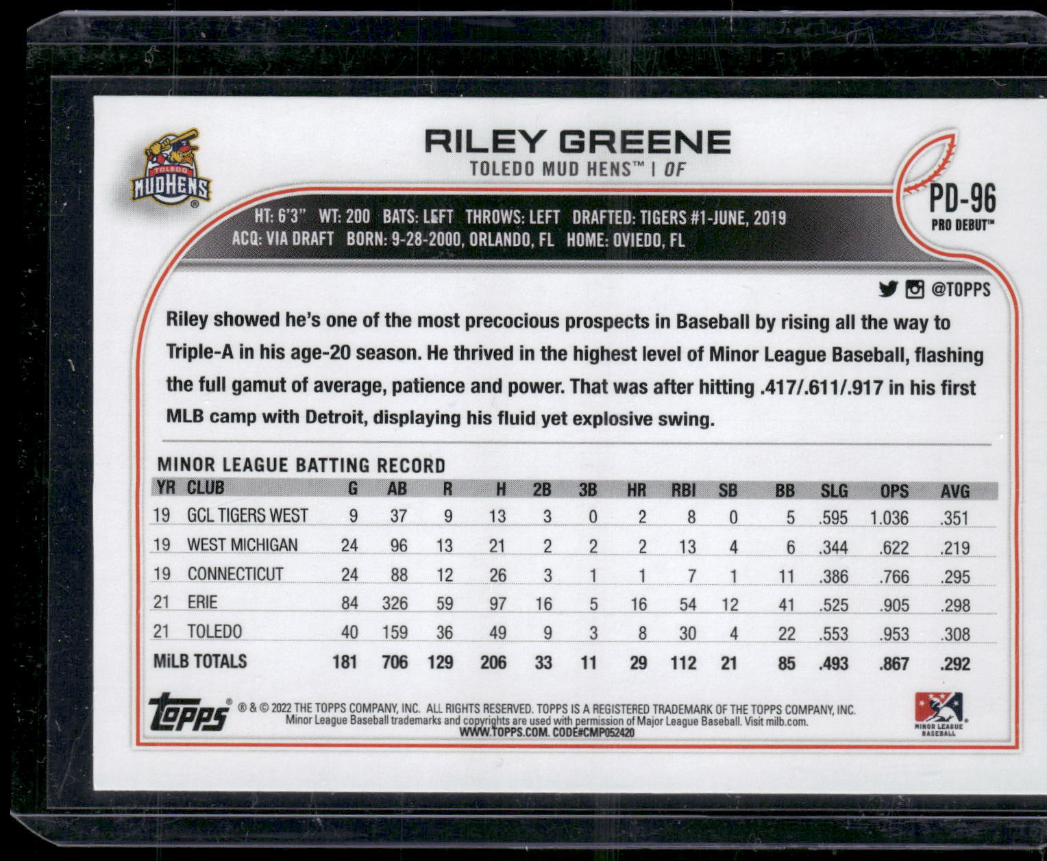 2022 Topps Pro Debut #PD-96 Riley Greene